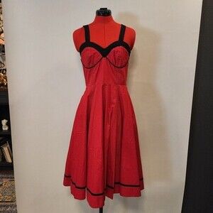 eShakti Red Black Rockabilly Swing Dress Size 10 M Pinup Retro Sweetheart Cotton